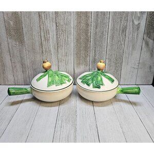 Vtg Ceramic Bowls with Handle and Lids Leek Design Set Of 2 - Made in Luxembourg